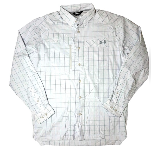 Under Armour Men’s Fishing Shirt Medium White Green Blue Plaid Long Sleeve - Picture 1 of 9
